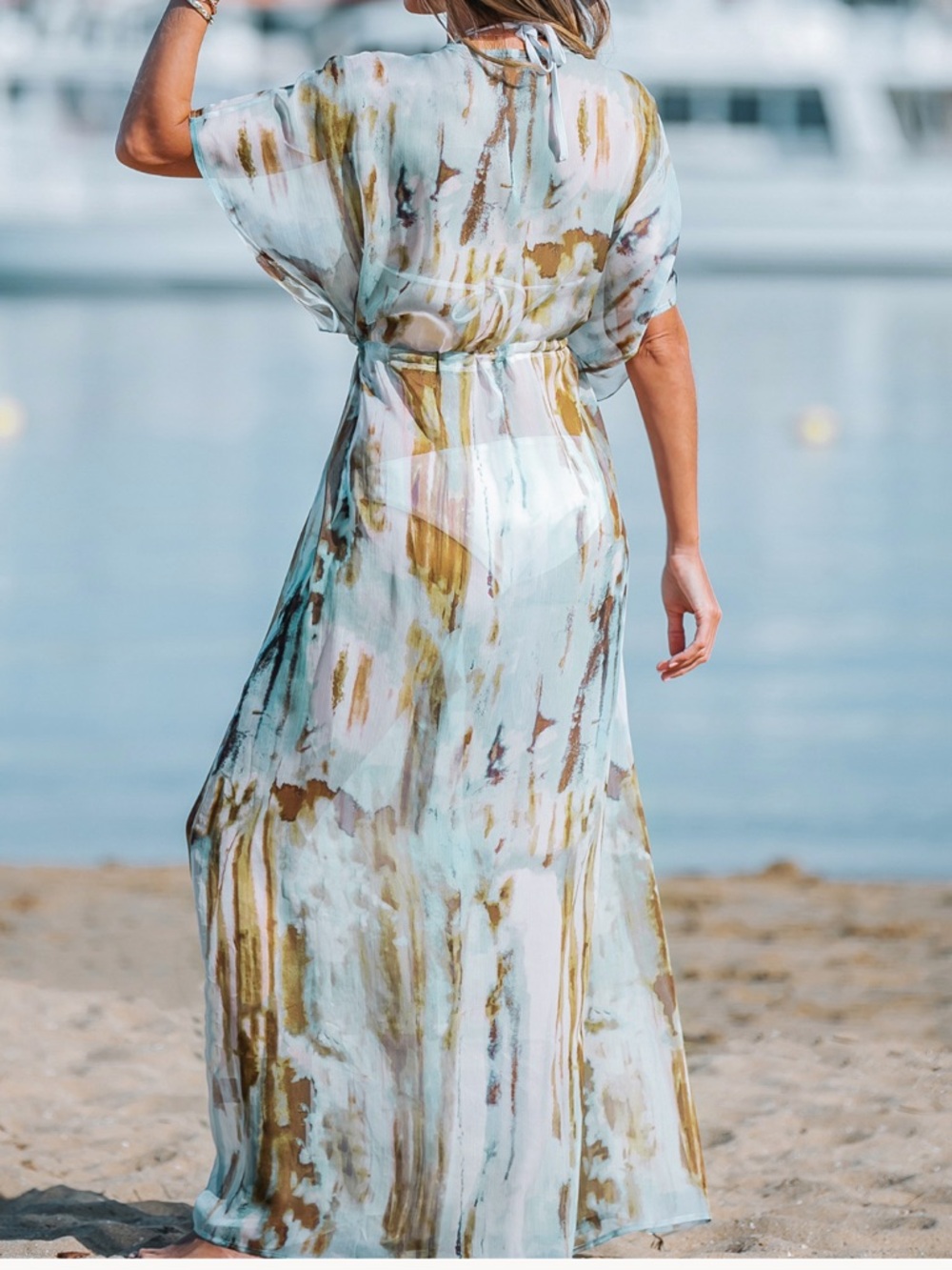 Cupshe Sheer Aqua and Olive Print Swim Kimono Cover-Up - Picture 4 of 5